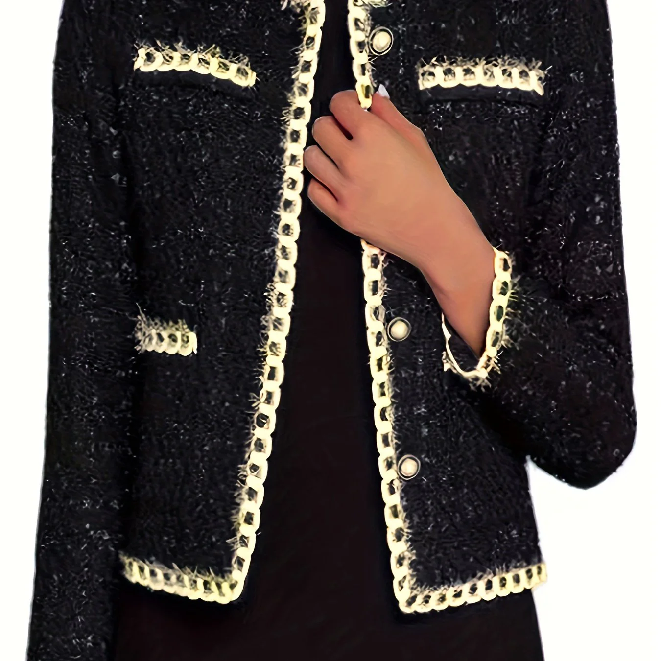 Contrast Trim Button Front Jacket, Casual Crew Neck Long Sleeve Outerwear, Women's Clothing - Deanwangkt