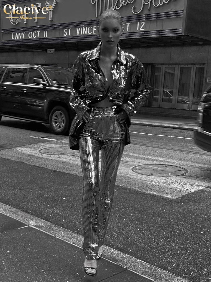 deanwangkt Fashion Loose Sliver Two Piece Sets Womens Outifits Elegant Lapel Long Sleeve Blouse With High Waist Pants Set Party - Deanwangkt