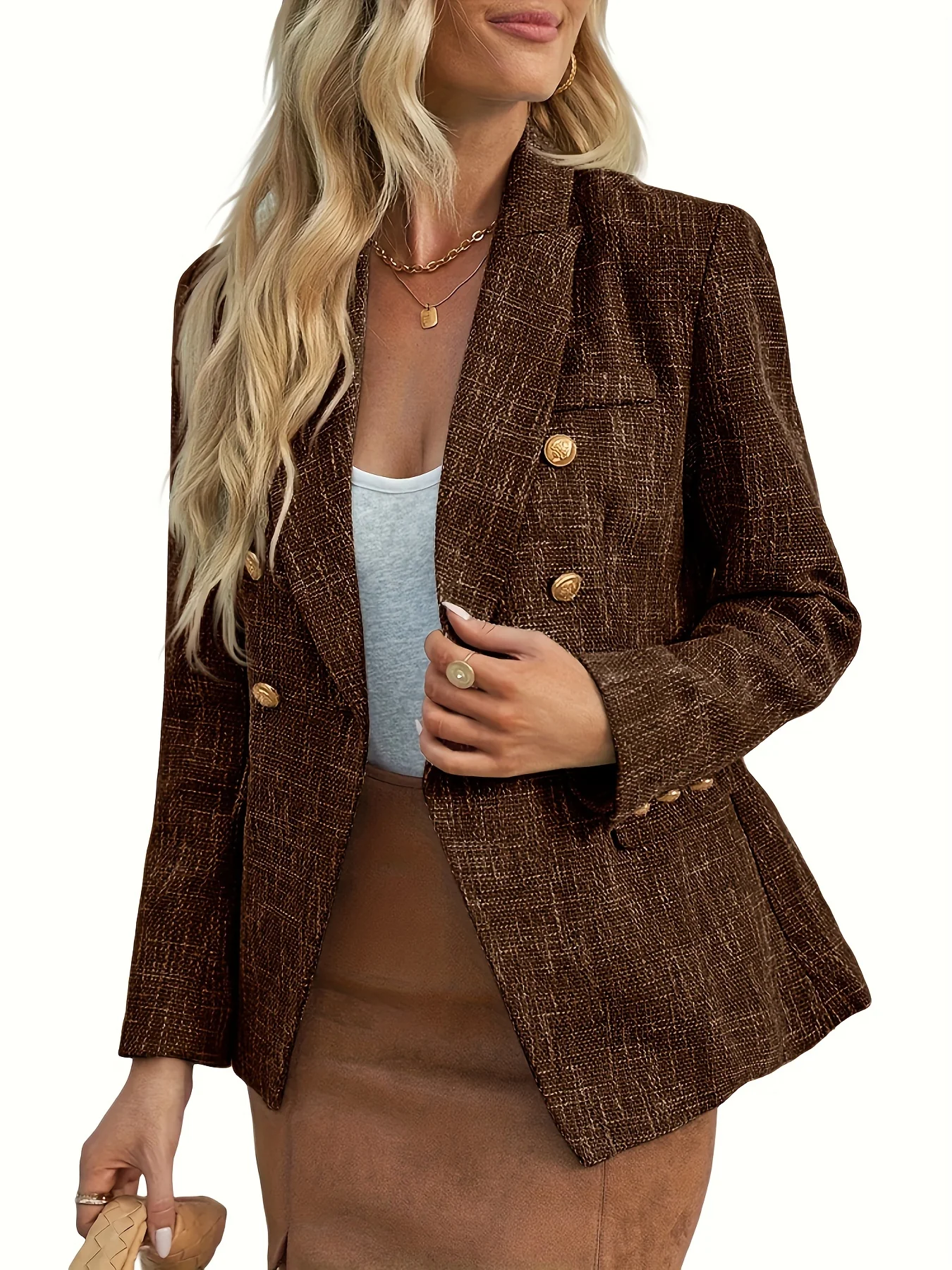 deanwangkt-1 Double Breasted Lapel Blazer, Casual Solid Long Sleeve Work Office Outerwear, Women's Clothing - Deanwangkt