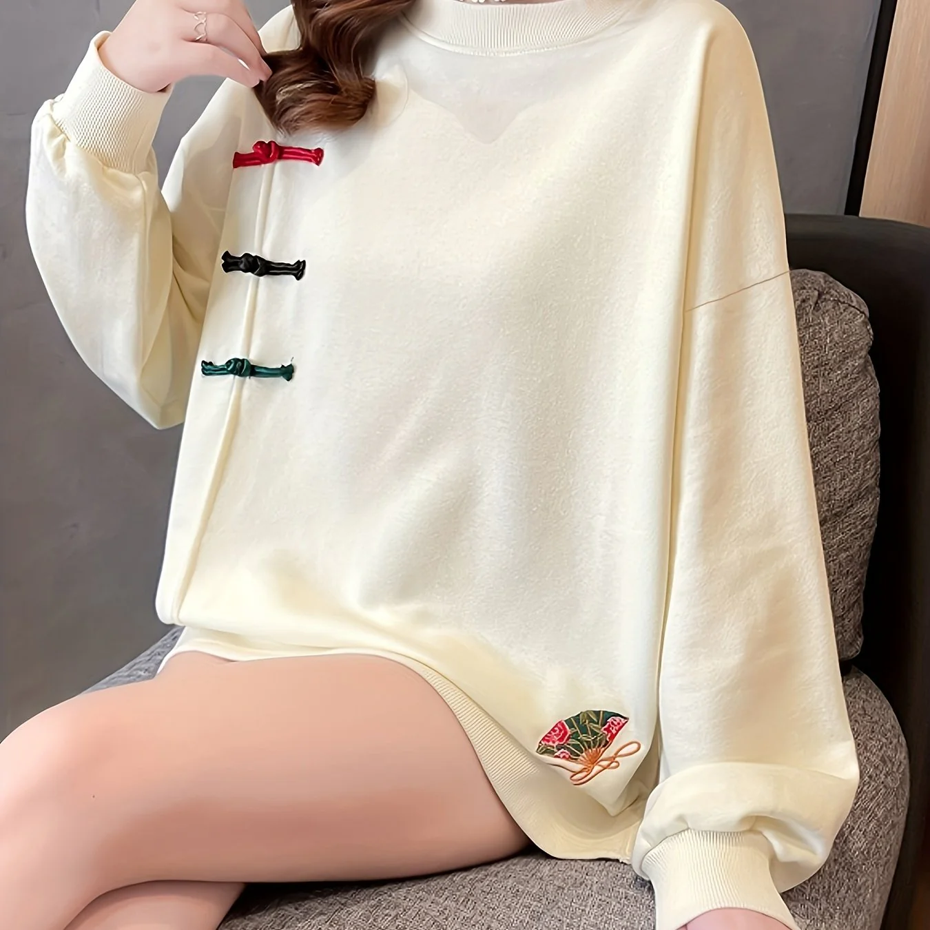 deanwangkt-1 Frog Button Folding Fan Sweatshirt, Casual Long Sleeve Crew Neck Sweatshirt For Fall & Winter, Women's Clothing - Deanwangkt