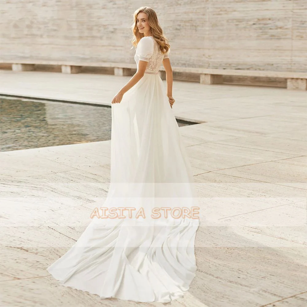 Vintage Wedding Dresses Bohemian Straight V-Neck Short Sleeves Chiffon Lace A-Line Court train Bridal Gowns - Deanwangkt