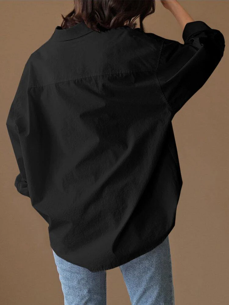 deanwangkt Loose Solid Turn-Down-Collar Full Sleeve Retro Women Blouse - Deanwangkt
