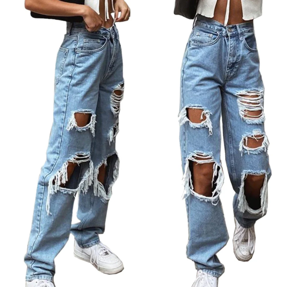 Women's Fashion Sexy Jeans Casual Pants Big Holes Long Trousers Women Jeans Ripped Frayed Loose  Denim Pants Women Clothing - Deanwangkt
