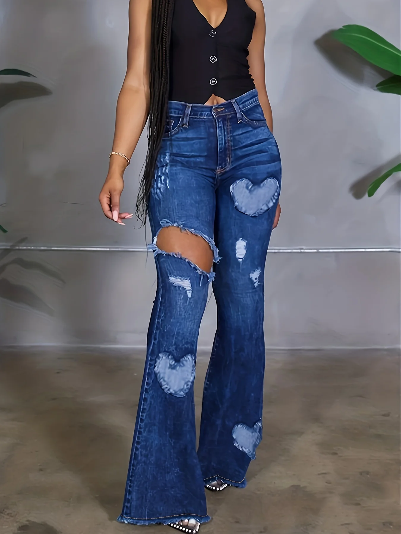 Blue Heart Shape Patchwork Flare Jeans, High-Stretch Ripped Holes Raw Hem Bell Bottom Jeans, Women's Denim Jeans & Clothing - Deanwangkt