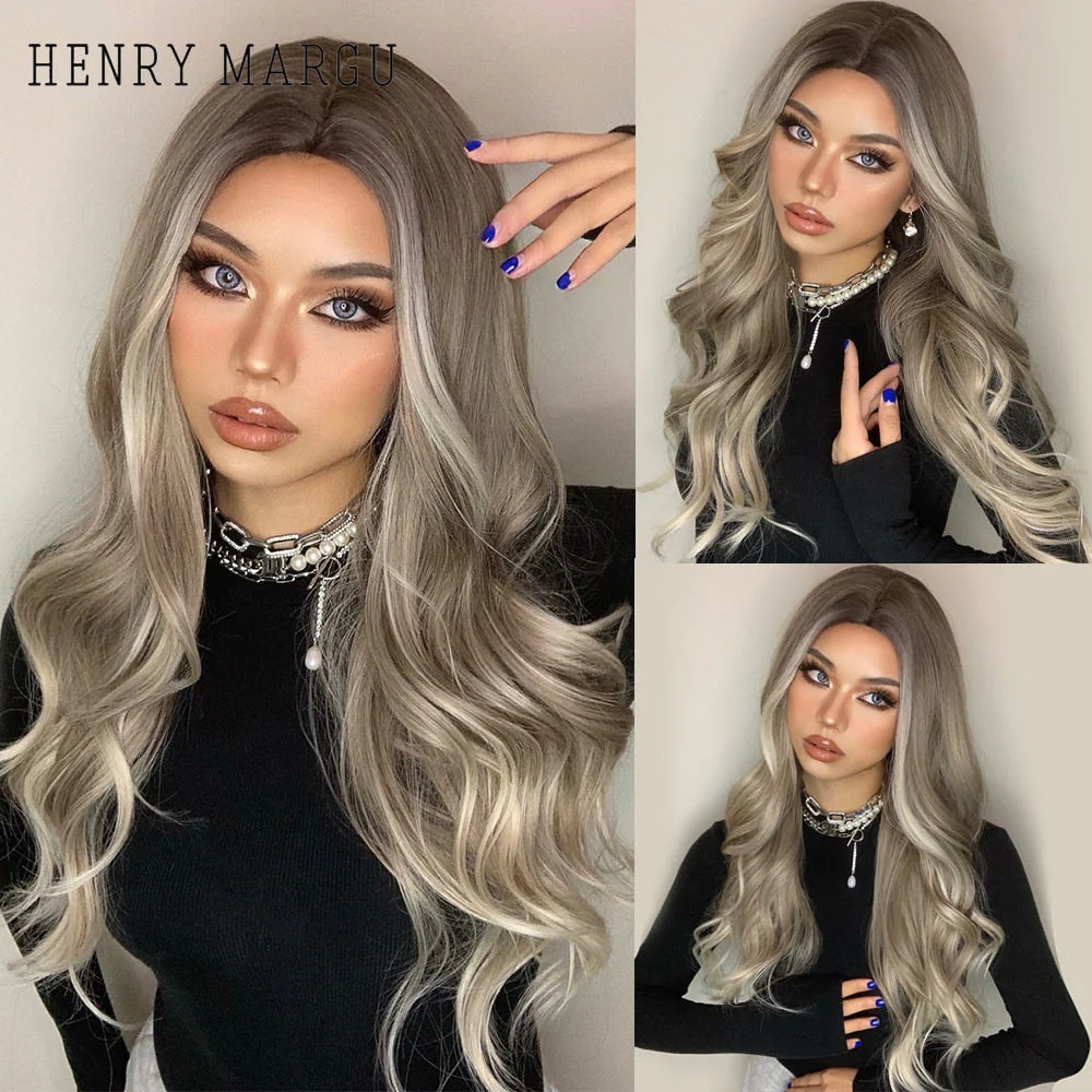 Long Ombre Brown Light Ash Platinum Blonde Wavy Wigs Cosplay Party Synthetic Wig for Women High Temperature Fibre - Deanwangkt