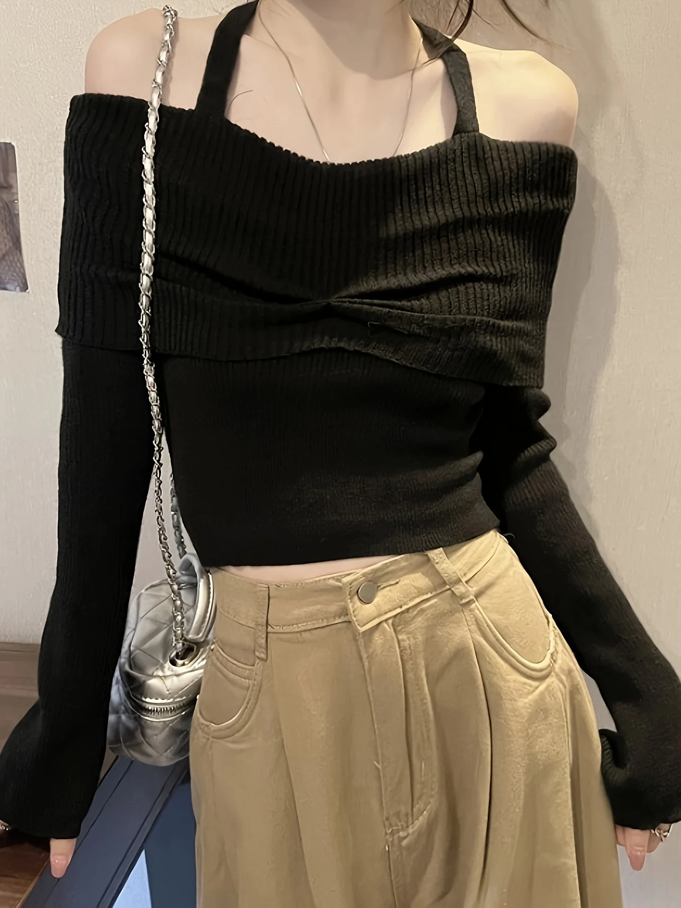 deanwangkt  Solid Color Halter Neck Pullover Sweater, Casual Long Sleeve Off Shoulder Sweater For Fall & Winter, Women's Clothing - Deanwangkt