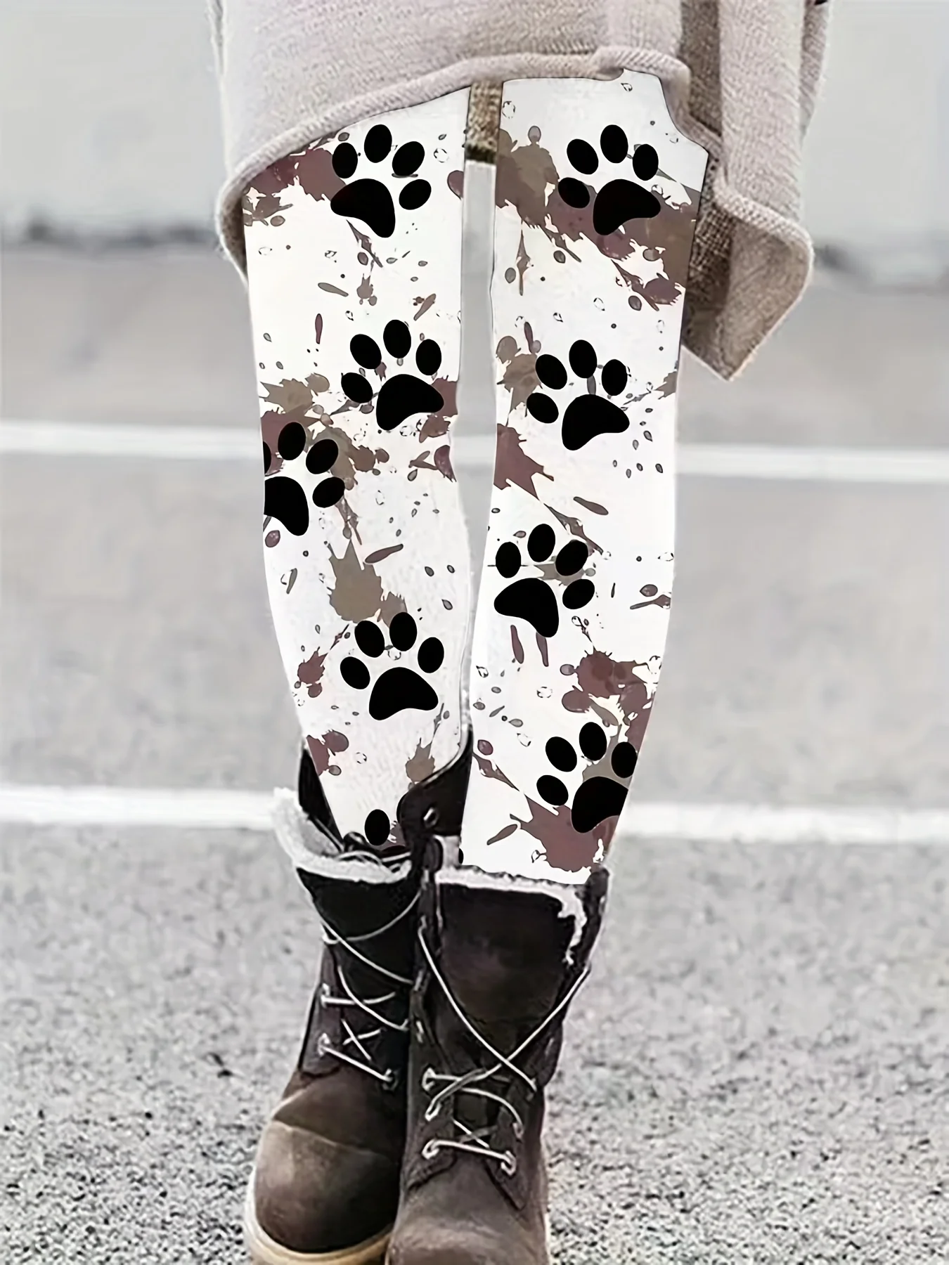 Plus Size Casual Pants, Women's Plus Paw & Splash Print Medium Stretch Leggings - Deanwangkt