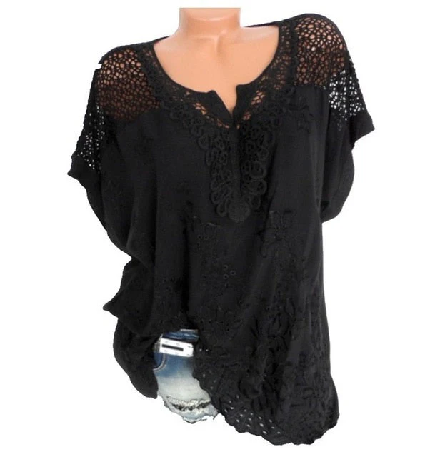 Large Size Loose Short-Sleeved Lace Women Blouses Cotton Blouses  Summer Shirt Tops Sexy Fashion Women Shirt - Deanwangkt