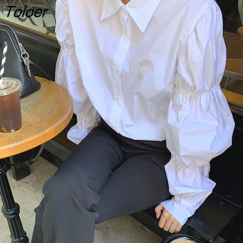 deanwangkt  White Puff Sleeve Women's Shirts Korean Style Single-breasted Long Sleeve Blouse Woman Turn Down Collar Blusas Mujer - Deanwangkt