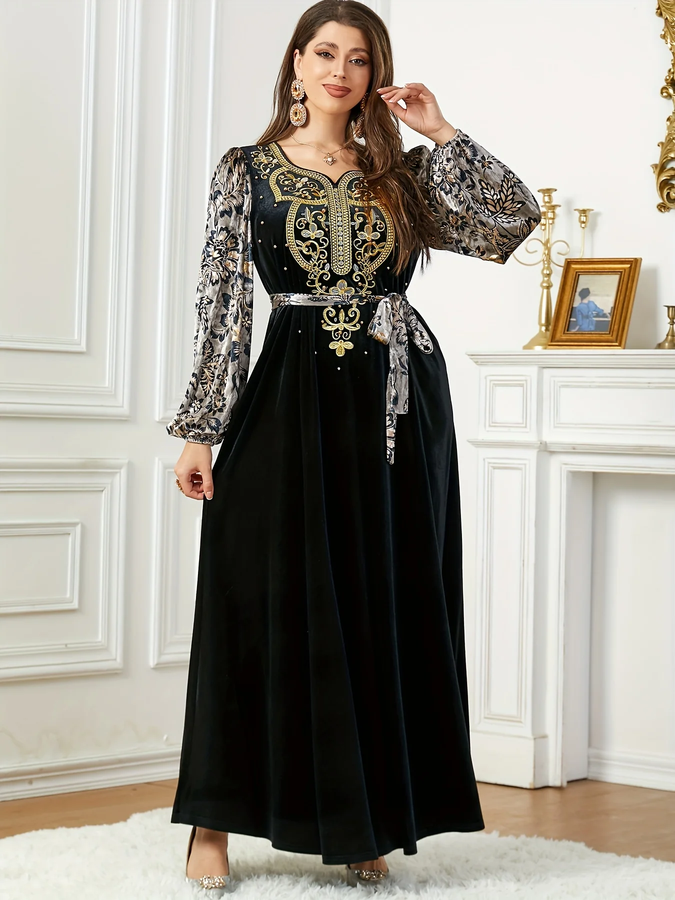 Floral Pattern Maxi Kaftan Dress, Elegant V Neck Lantern Sleeve Dress, Women's Clothing - Deanwangkt