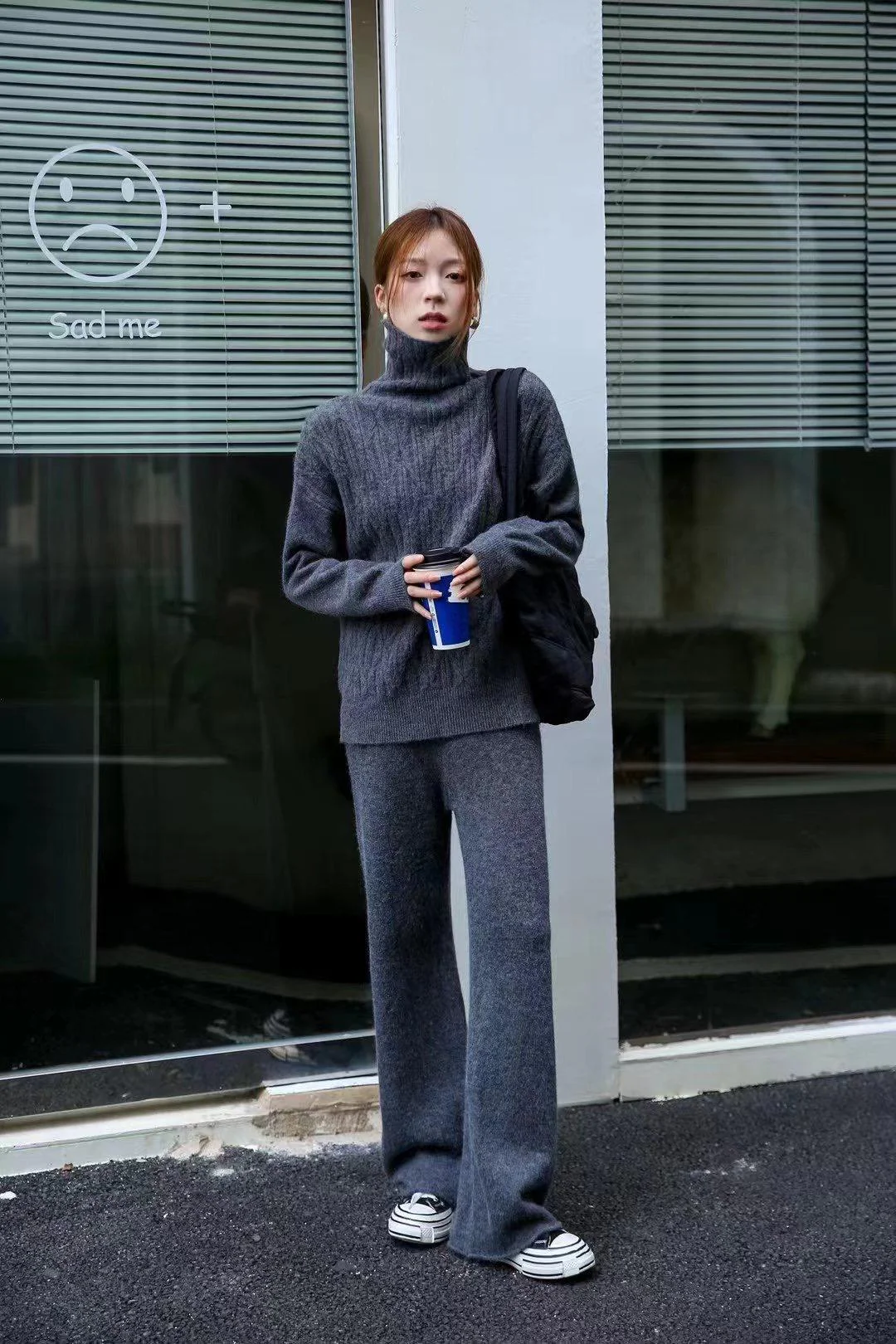 Women Solid Knit Sweater Suit Autumn Winter Casual Turtleneck Pullover High Waist Wide Leg Pants Elegant 2 Piece Sets Lazy Style - Deanwangkt