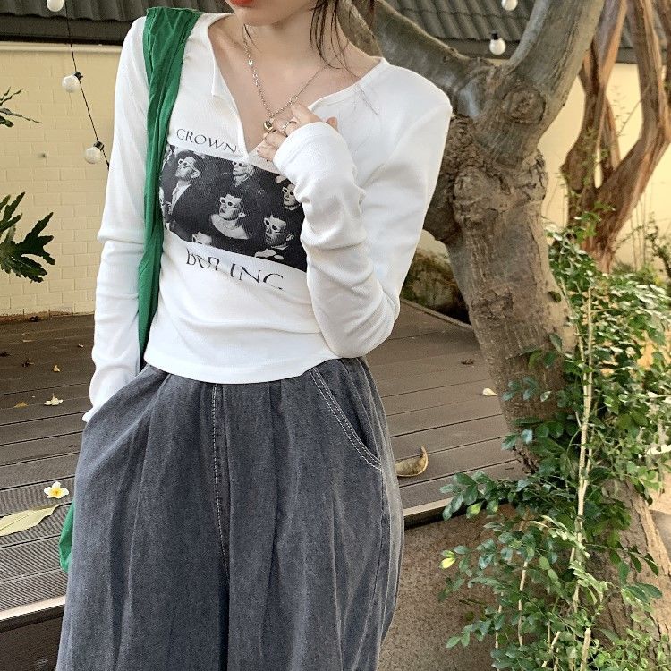 Wenkouban Y2K Grunge Graphic Tees Gray Crop Top Women Korean Style Long Sleeve Sexy Slim White Tshirts Vintage Streetwear T Shirt - Deanwangkt