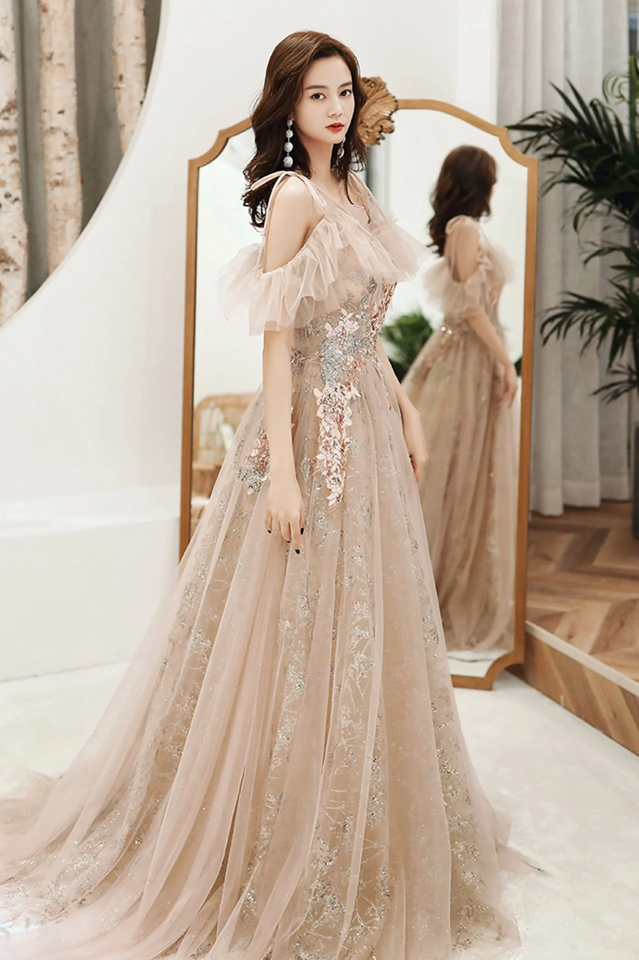 solvbao Champagne Tulle Sequins Long Formal Party Dresses, Off the Shoulder Prom Dresses - Deanwangkt