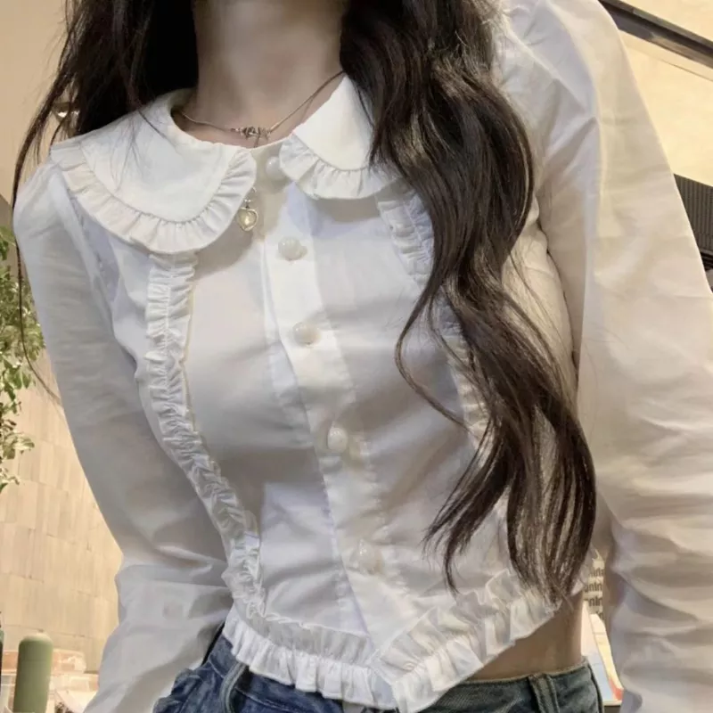 deanwangkt Shirts Women Solid Schoolgirls Preppy Style Spring Design Basic Leisure Fairycore White Ladies Crop Tops New Vintage Slim Fit - Deanwangkt