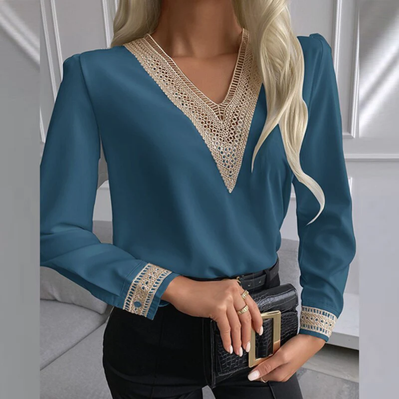 Graduation Gifts   Autumn Lace Crochet Satin Silk Chiffon Shirt Women Long Sleeve Woman Blouses Tops V Neck Solid Embroidery Shirts Blusas 15777 - Deanwangkt
