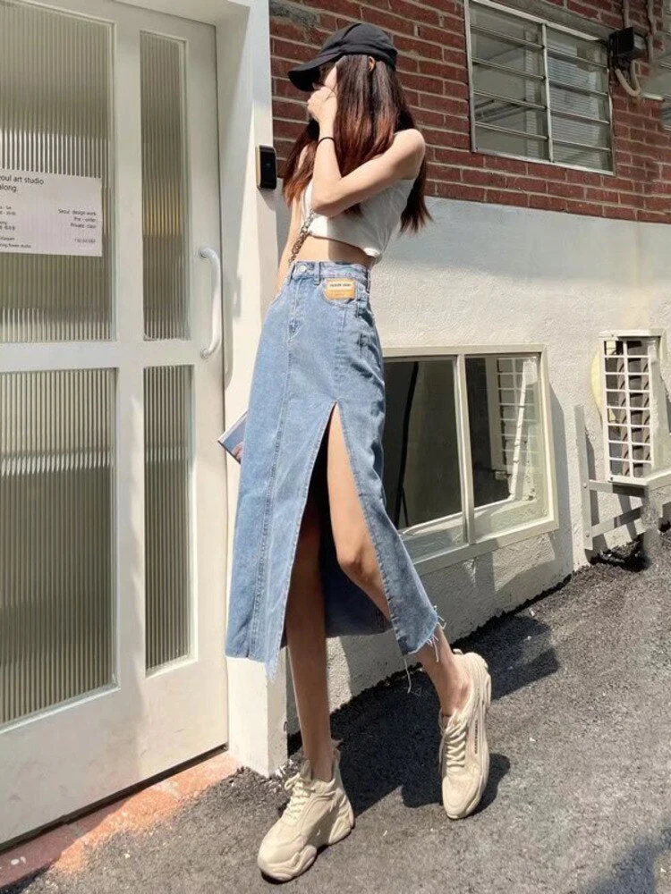 deanwangkt Ins Simple Fashion Skirt Printing New Natural Waist Trend Japanese Long Skirt Female Solid Color Street A-line Skirt - Deanwangkt