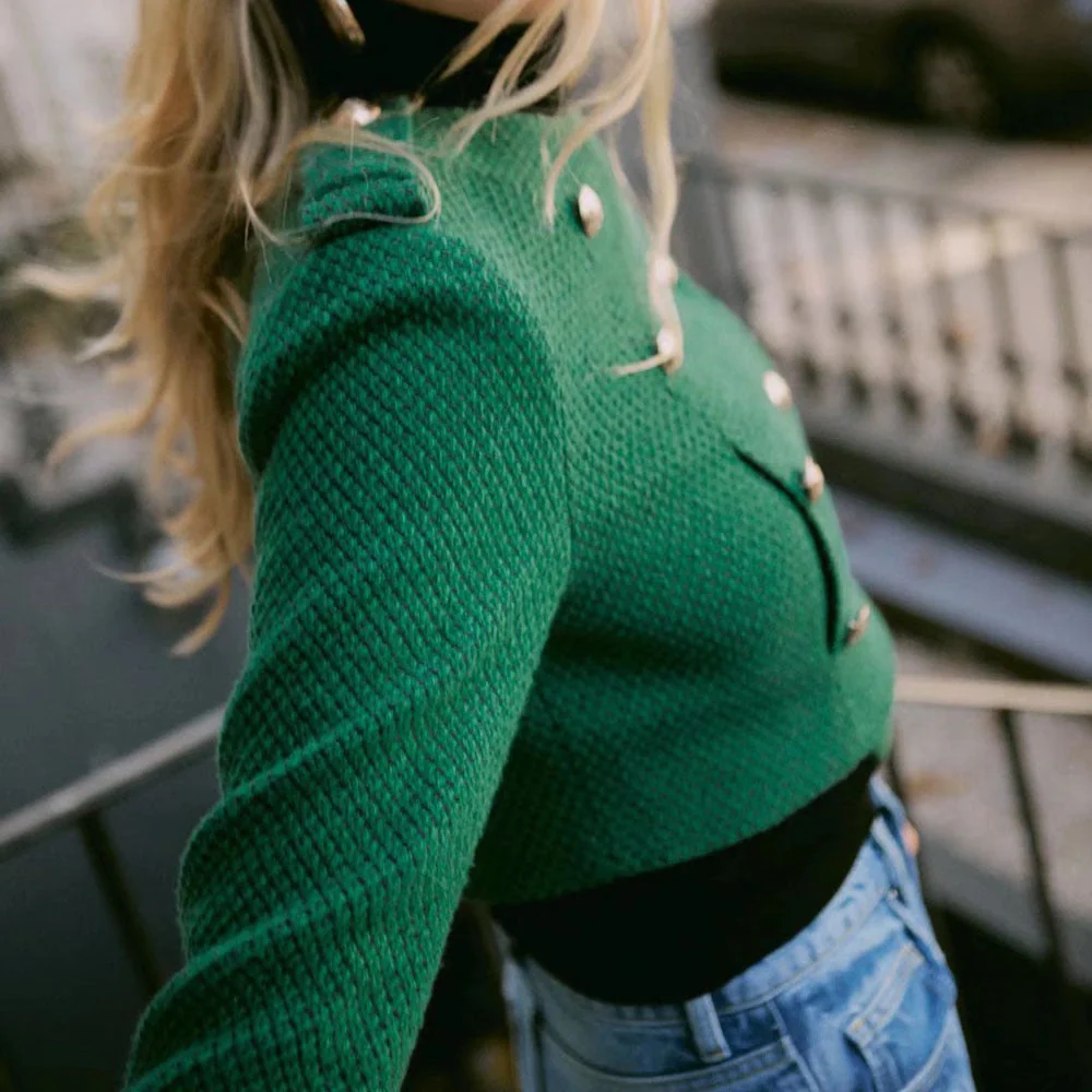 deanwangkt Women's autumn coat  solid color Fashion short Tweed jacket female blazer button long sleeve Cardigan for women's blazer - Deanwangkt