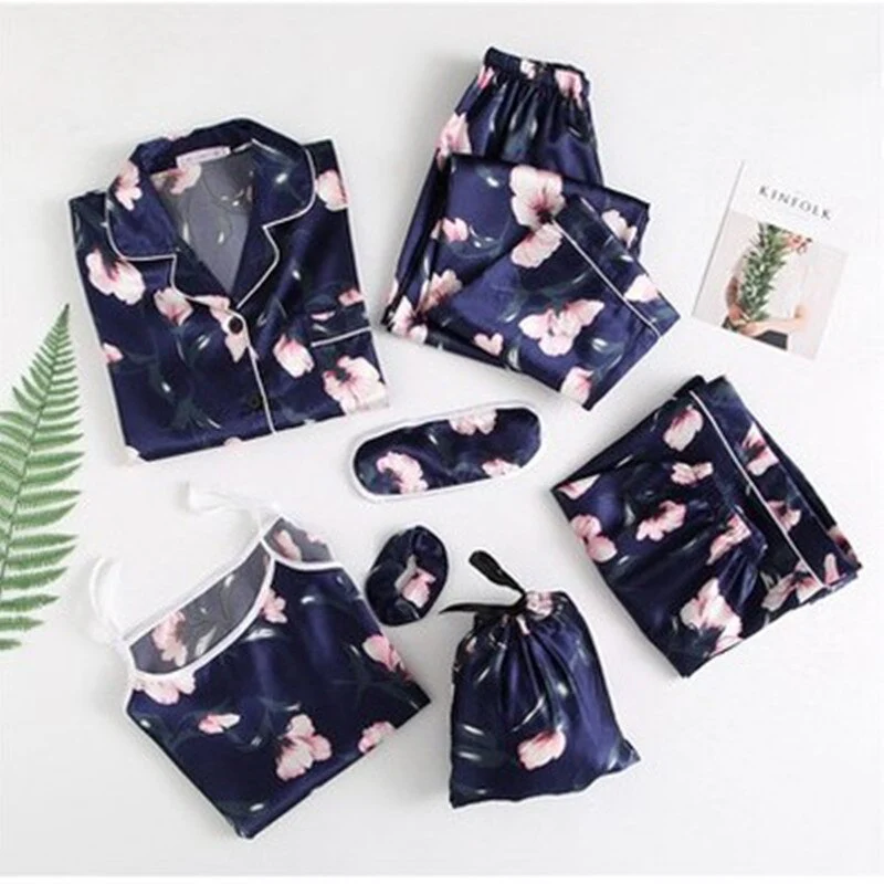 deanwangkt Pajamas Set Women Summer Sexy Flower Pyjamas Sexy Female Long Sleeve Shirt Pants Handwork Stitch Lingerie Striped Mom Sleepwear - Deanwangkt