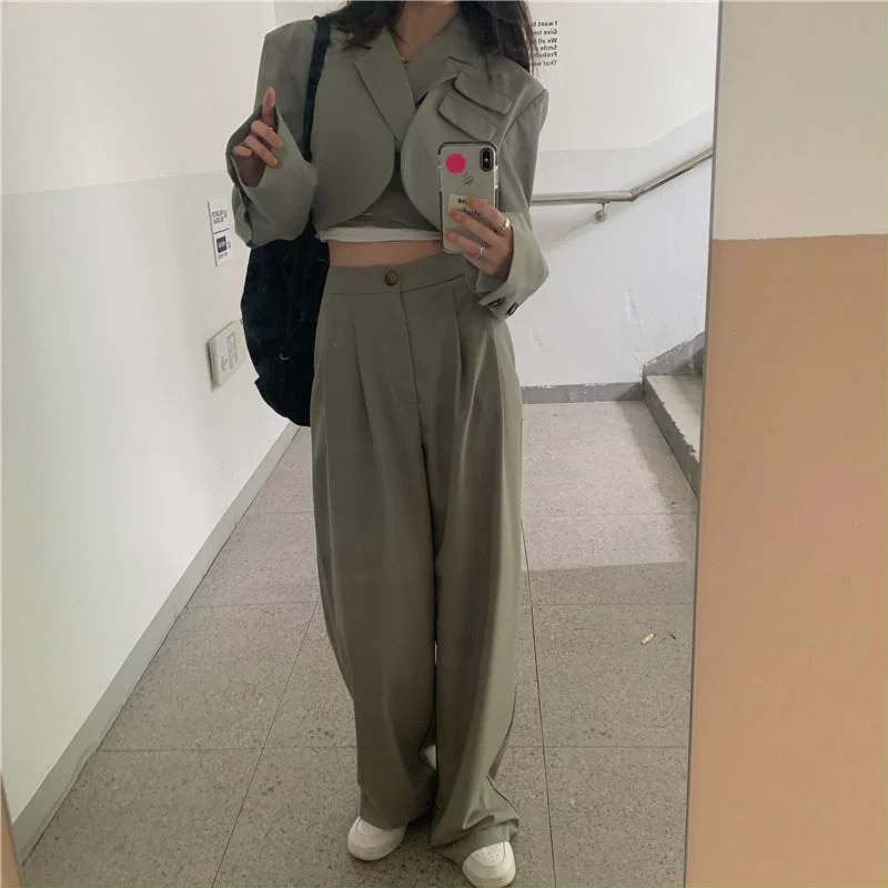 Korean summer Two Piece Set Women Crop Top Sexy Lace-up Blazer Coat + High Waist Pants Suit Sets Streetwear 2 Piece Sets Women - Deanwangkt