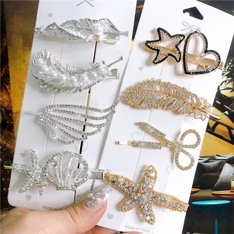 deanwangkt 4PCS Hair Accessories Gold Silver Hair Clips Set Vintage Feather Starfish Crystal Pearls Hairpin For Women Fashion Headwear - Deanwangkt