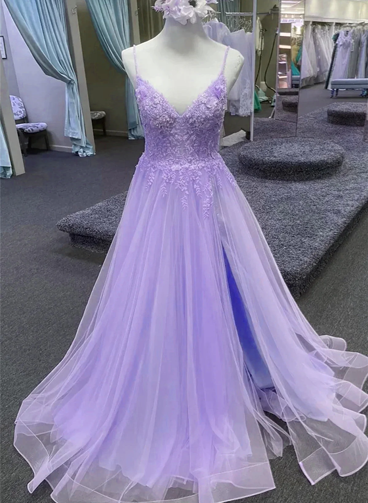 Solvbao Light Purple A-line Tulle with Lace Prom Dress, Light Purple Long Evening Dress - Deanwangkt