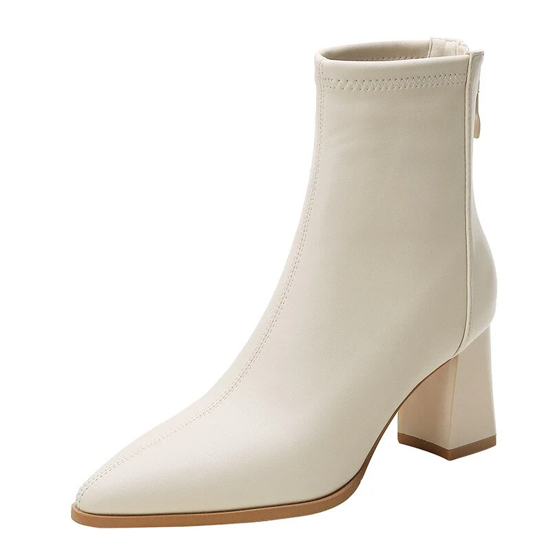 deanwangkt Autumn Women's Leather Boots High Heels Winter Woman White Elastic Thin Boots Shoes Pointed Thick Heel Dress Short Ankle B - Deanwangkt