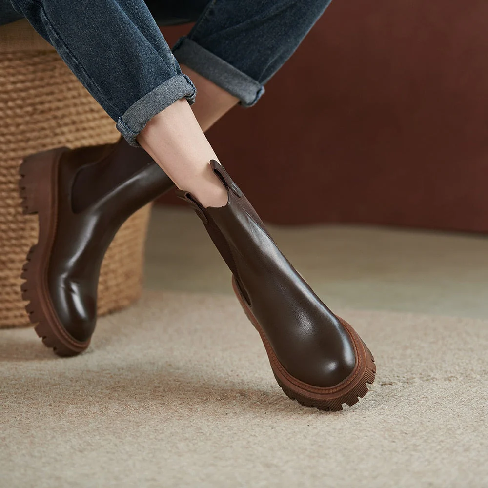DEANWANGKT WHNB  New Cow Leather Chelsea Boots Women Slip on Ankle Boots Brown Fashion Genuine Leather Boots Ladies Fashion Shoes - Deanwangkt