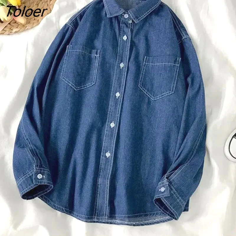 deanwangkt Autumn Long Sleeve Denim Shirt for Women  Single Breasted Pocket Blouse Woman Turn Doen Collar Jeans Shirts Ladies - Deanwangkt