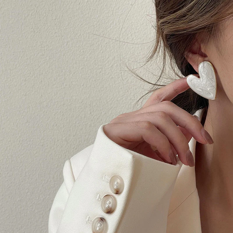 deanwangkt  White Color Big Heart Stud Earrings for Women Girl Korean Love Drop Glaze Aesthetic Daily Life Minimalist Fashion Jewelry Gift - Deanwangkt