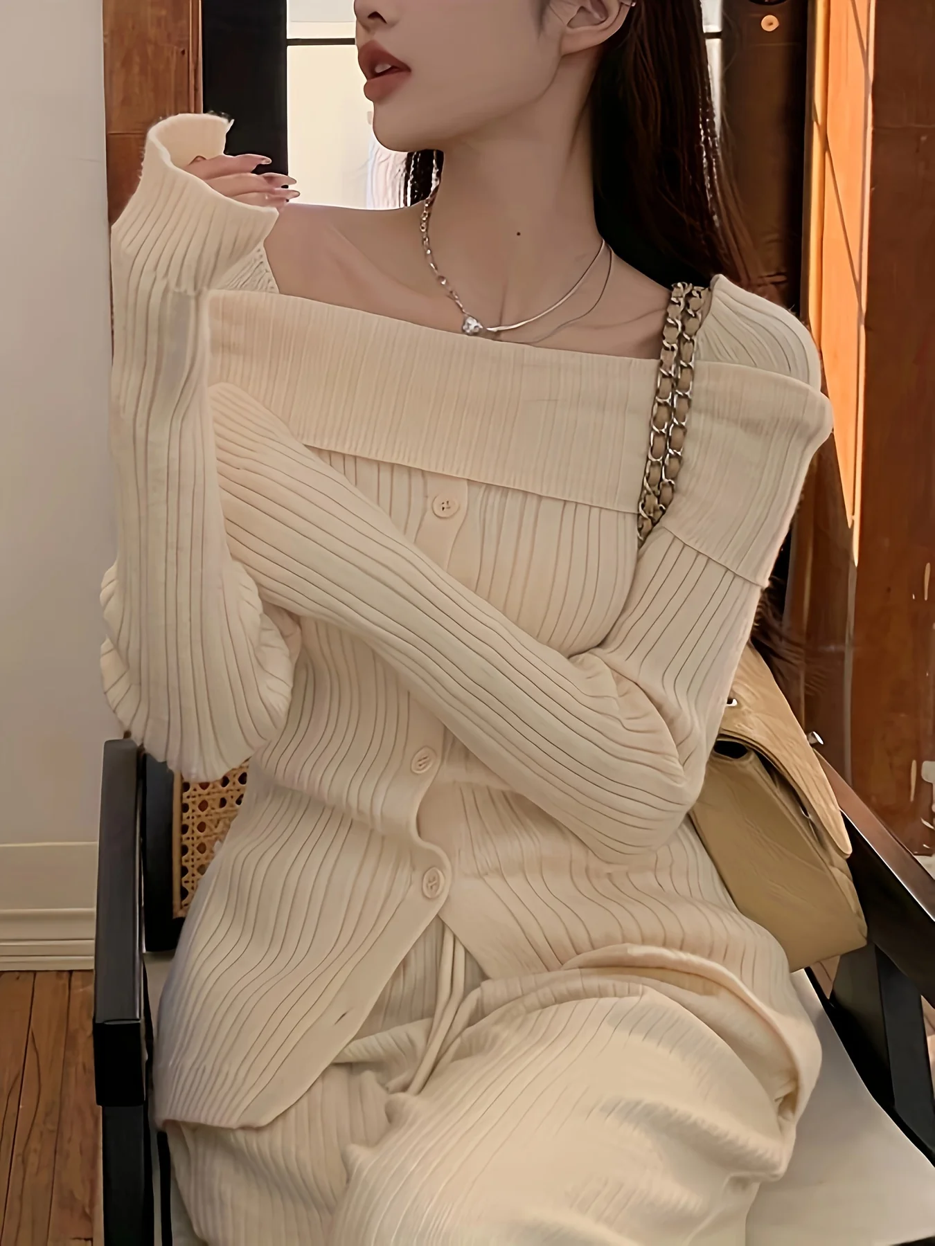 deanwangkt  Solid Off Shoulder Rib Knit Sweater, Elegant Button Front Long Sleeve Slim Sweater, Women's Clothing - Deanwangkt