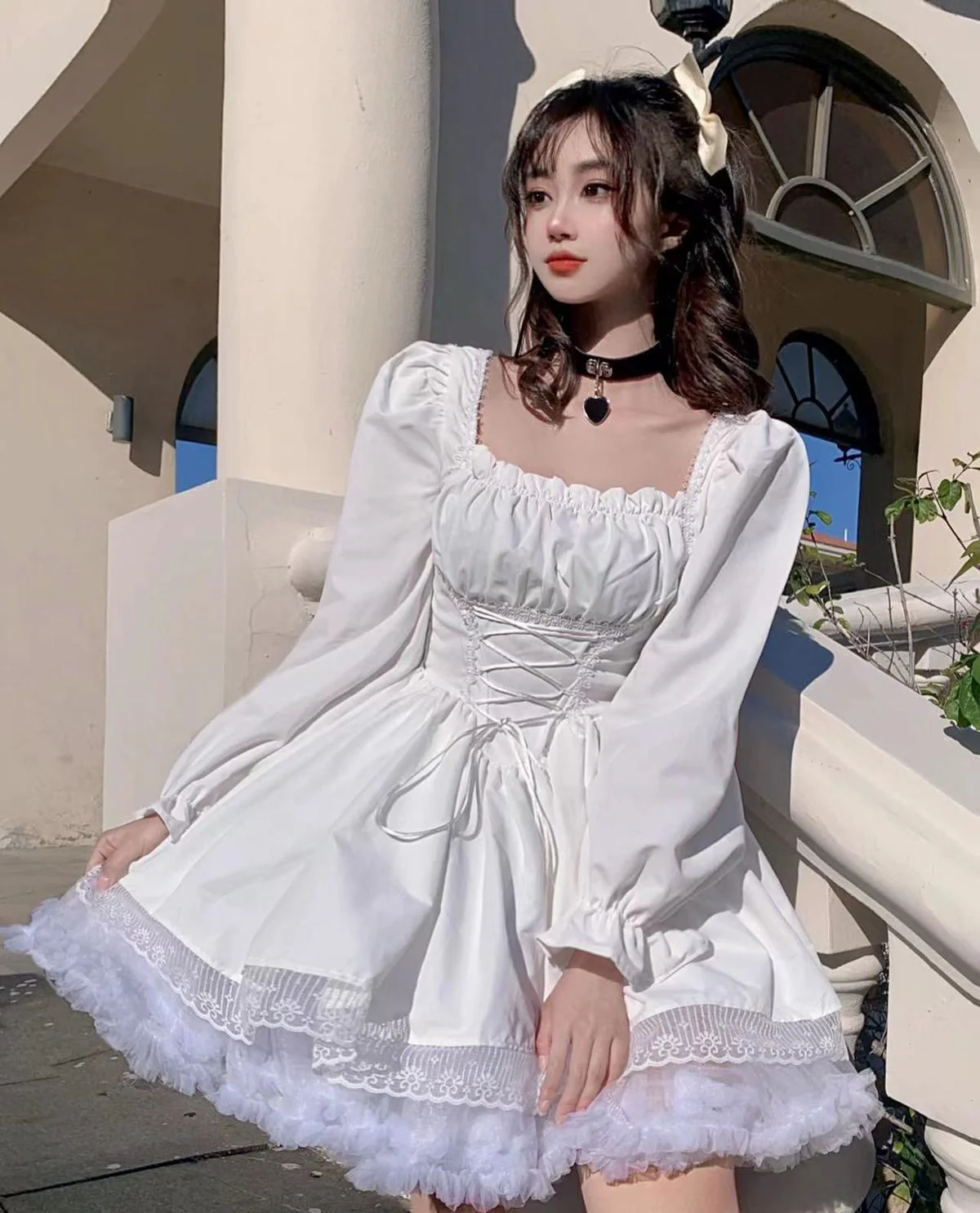 deanwangkt White Lolita Dress Kawaii Vinatge Long Sleeve Mini Dresses Black Gothic Bandage Lace Patchwork Streetwear Square Collar - Deanwangkt