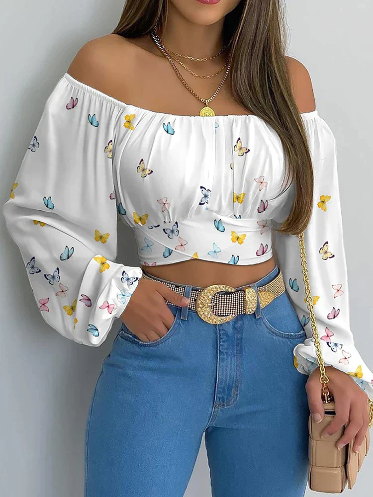 deanwangkt Women Elegant Boho Print Blouse Casual Long Lantern Sleeve Off Shoulder Slim Shirt Female Chic Cropped Top Summer Tunics - Deanwangkt