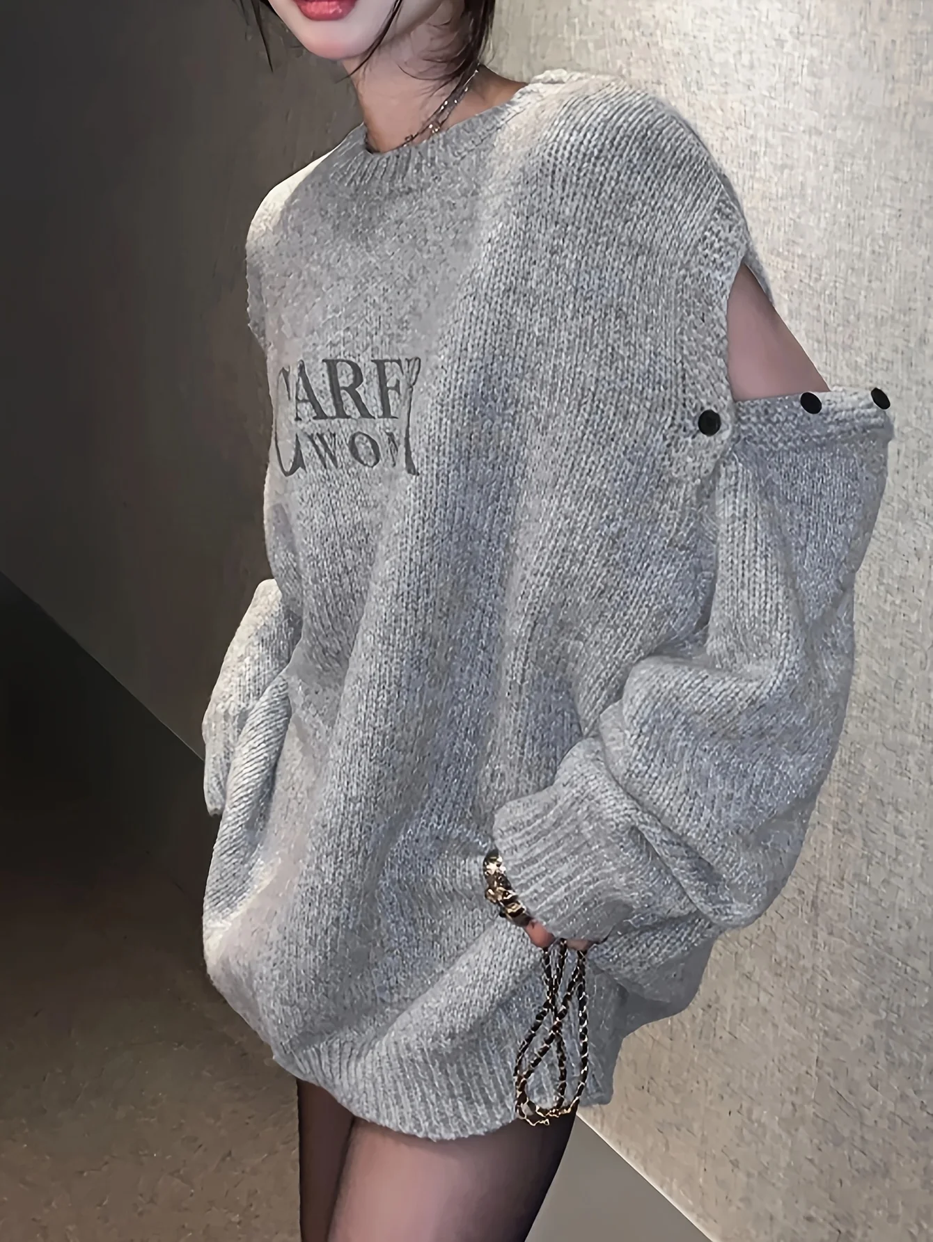 deanwangkt  Letter Pattern Crew Neck Pullover Sweater, Casual Cold Shoulder Long Sleeve Loose Sweater, Women's Clothing - Deanwangkt