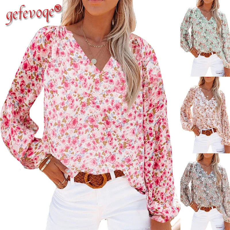 deanwangkt V-neck Lantern Sleeve Floral Print Tops Fashion Women Blouses Oversized Chiffon Shirts Blouse Female Clothing Chemise Femme - Deanwangkt