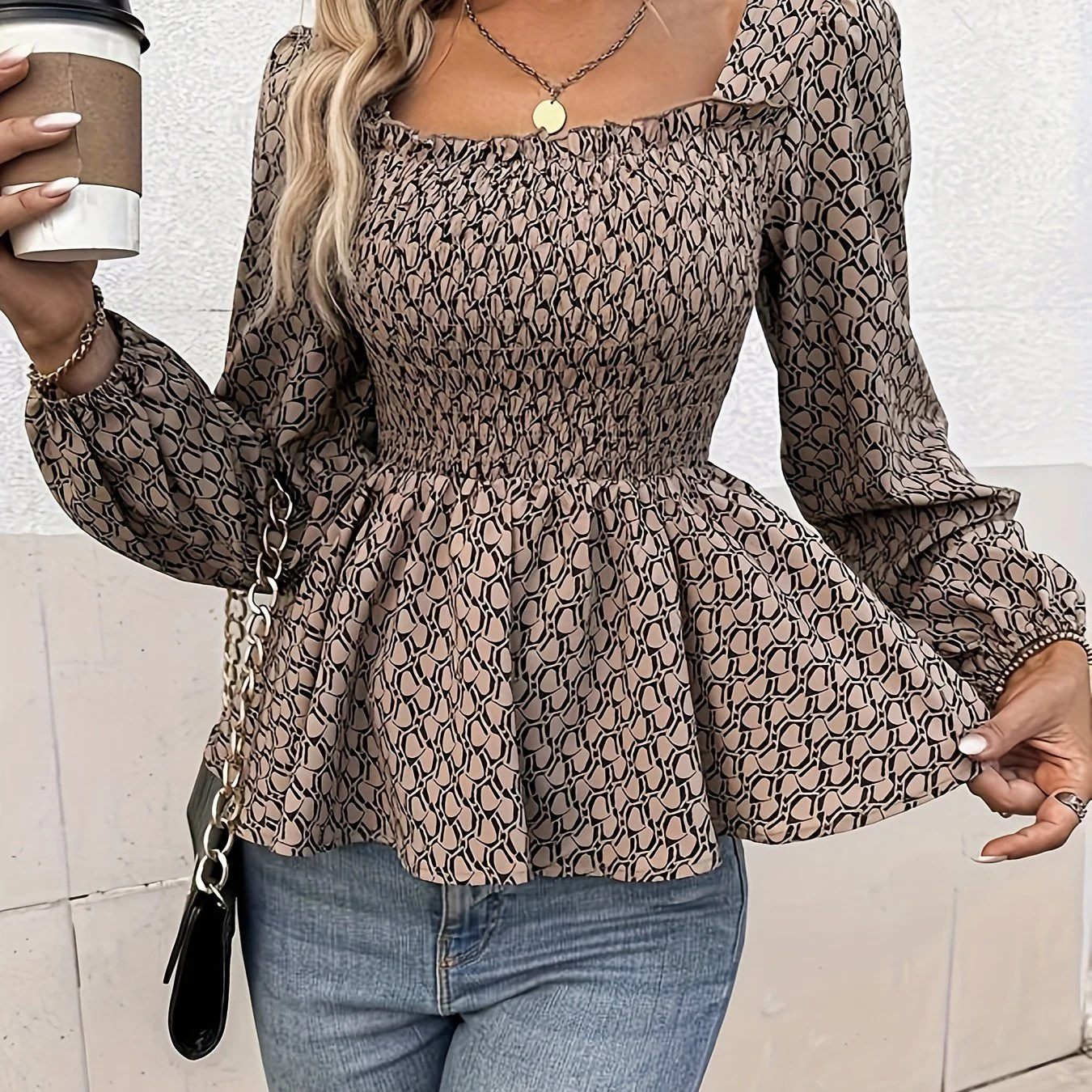 All Over Print Square Neck Blouse, Casual Long Sleeve Blouse For Spring & Fall, Women's Clothing - Deanwangkt