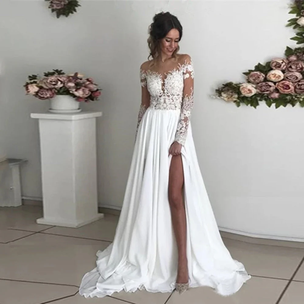 Lace Appliques Wedding Dresses  Off the Shoulder A-Line High Side Slit Long Sleeve Chiffon Court Train Beach Bridal Gowns - Deanwangkt