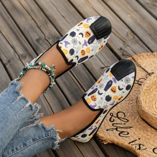 deanwangkt - Halloween Cream White Casual Patchwork Printing Round Comfortable Flats Shoes - Deanwangkt