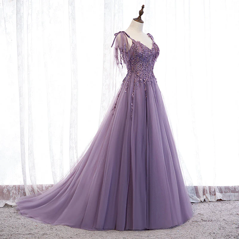 Solvbao Dark Purple V-neckline Lace Beaded Long Prom Dress, A-line Tulle Evening Dress - Deanwangkt