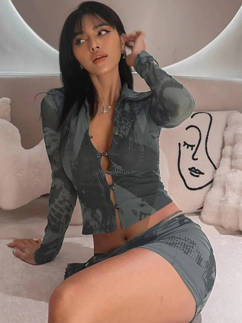 BACK TO COLLEGE    Casual Fashion Girls Two Pieces Set Y2K Streetwear  Fall Single Breasted Print Cardigan Tops+Package Hip Mini Skirts Suit - Deanwangkt