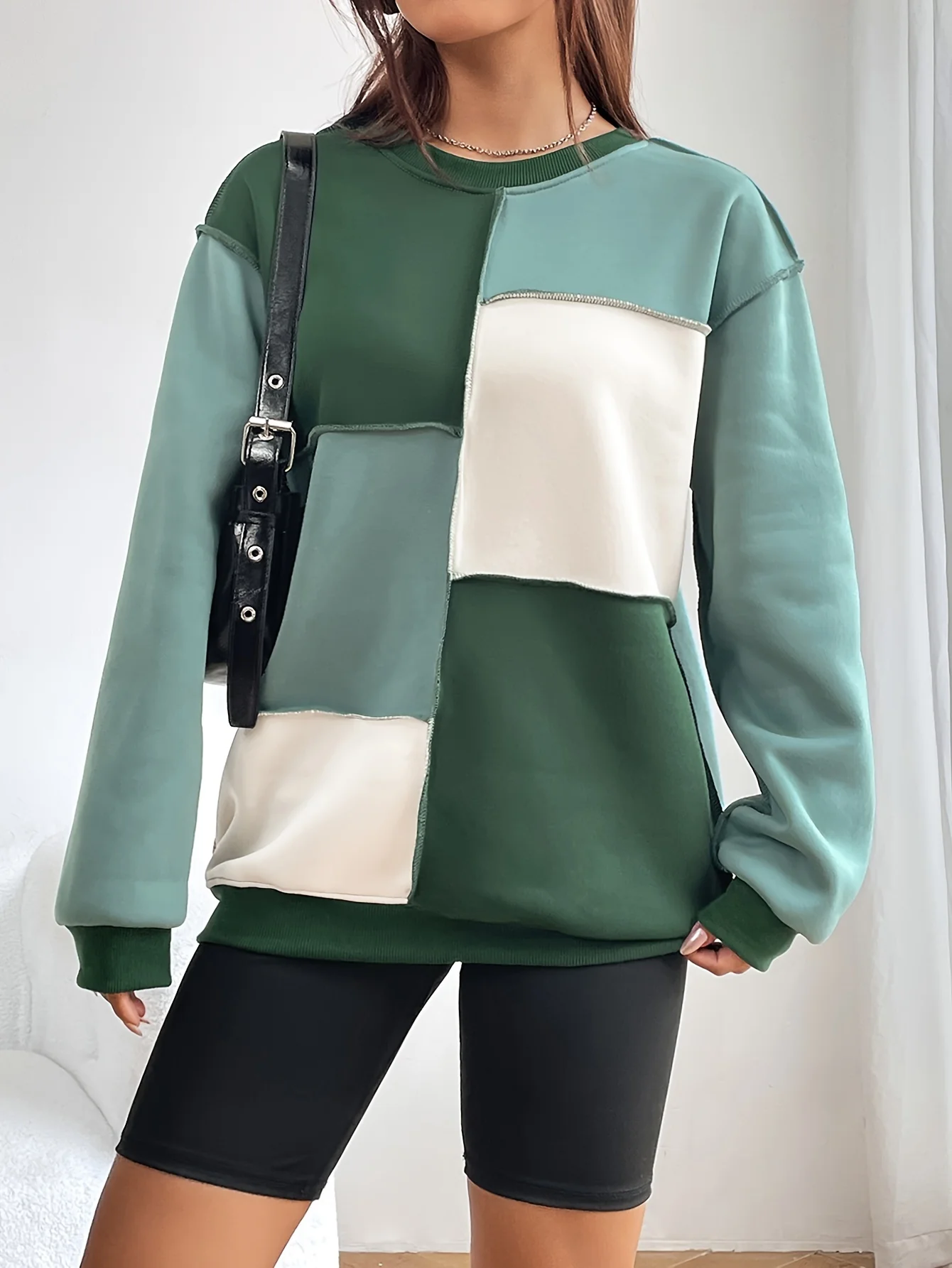 deanwangkt-1 Color Block Crew Neck Sweatshirt, Casual Long Sleeve Drop Shoulder Sweatshirt, Women's Clothing - Deanwangkt