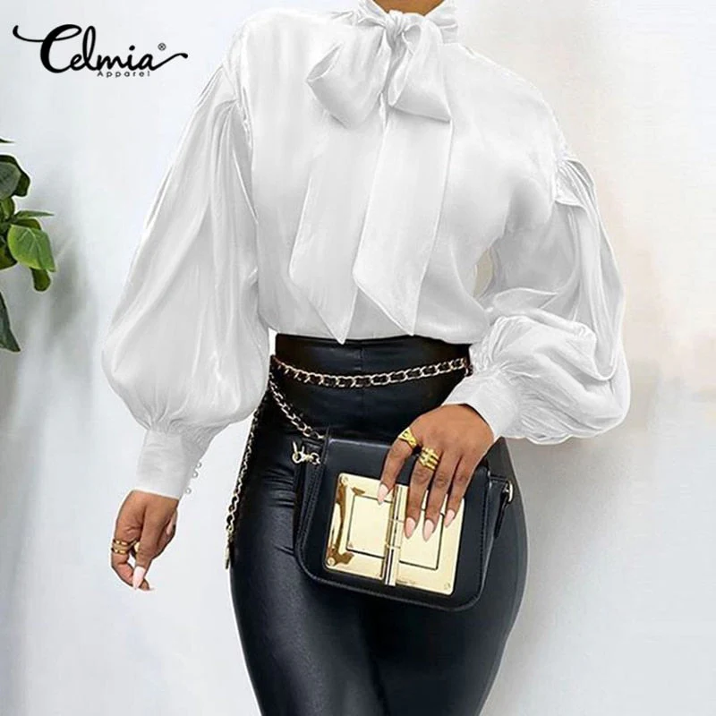 Elegant Office Women Puff Sleeve Blouses Bow Collar Solid Shirts  Fashion Casual Loose Tunic Tops Party Blusas Femme - Deanwangkt