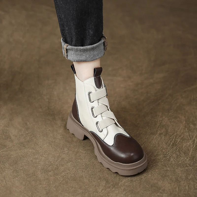 deanwangkt Autumn Shoes    NEW Fall Women Boots Round Toe Chunky Shoes Women Mixed Color Split Leather Boots Leisure Slip-on Thick Heel Winter Short Boots - Deanwangkt