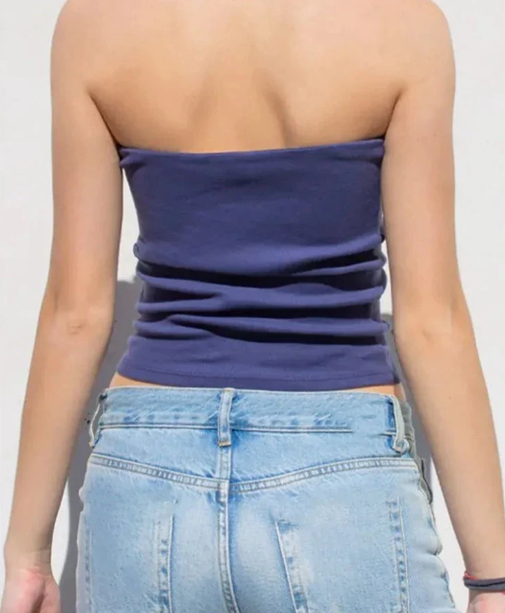 deanwangkt Strpless Sexy Tube Tops Women Skinny Summer Off Shoulder Blue Y2k 90s Sexi Crop Top Streetwear - Deanwangkt