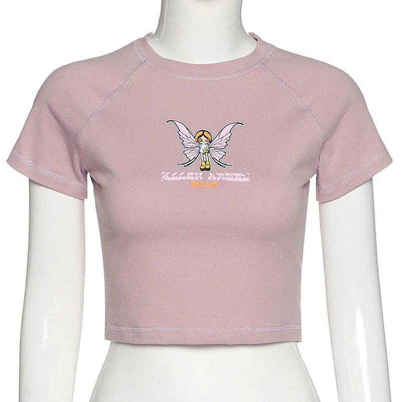 Graphic T Shirts Y2K Top Women Fairy Grunge Short Sleeve T-Shirts Slim Anime Crop Top Streetwear O Neck Tees 90s E-Girl Clothes - Deanwangkt