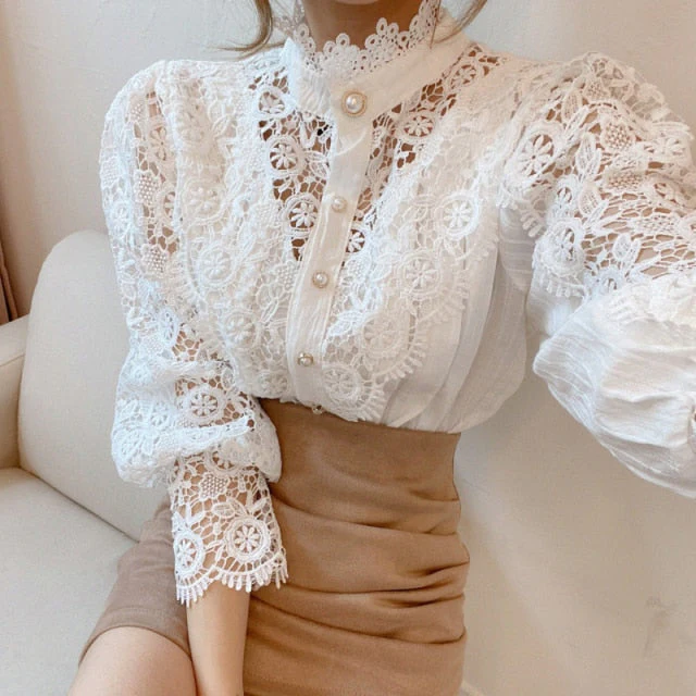 deanwangkt New Sweet Hollow Out Lace Patchwork Women Blouse Chic Button White Top Petal Sleeve Flower Stand Collar Shirt Blusas 12419 - Deanwangkt