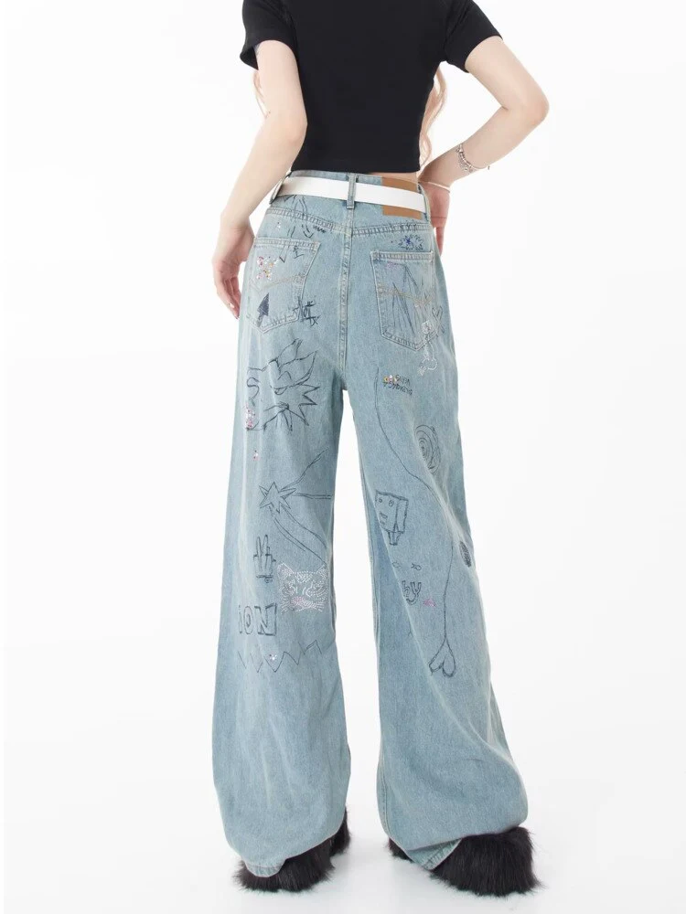 deanwangkt Spring and Autumn Season New Small Market Design Sense Print Graffiti Straight Barrel Personalized Jeans Women's Jeans - Deanwangkt