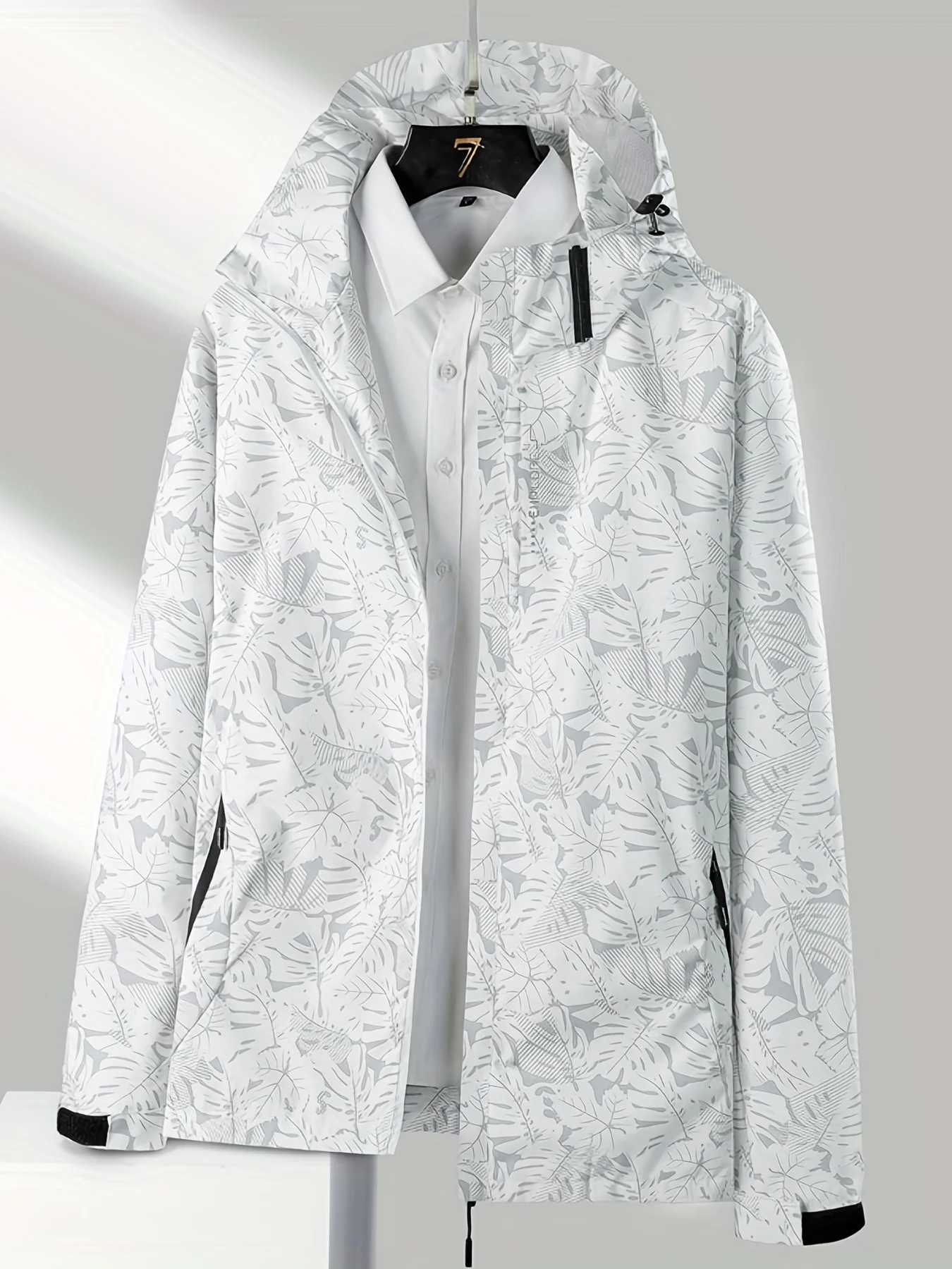 Leaf Print Outdoor Jacket With Removable Hood, Women's Windproof & Rainproof Jacket, Women's Outdoor Clothing - Deanwangkt