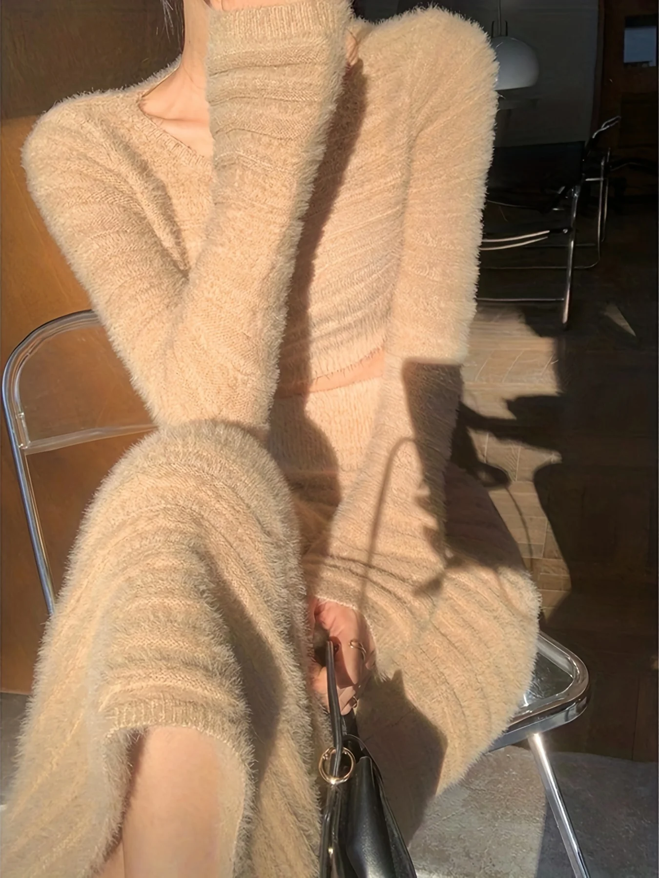 deanwangkt  Versatile Solid Two-piece Skirt Set, Crop Long Sleeve Top & High Waist Bodycon Skirt Outfits, Women's Clothing - Deanwangkt