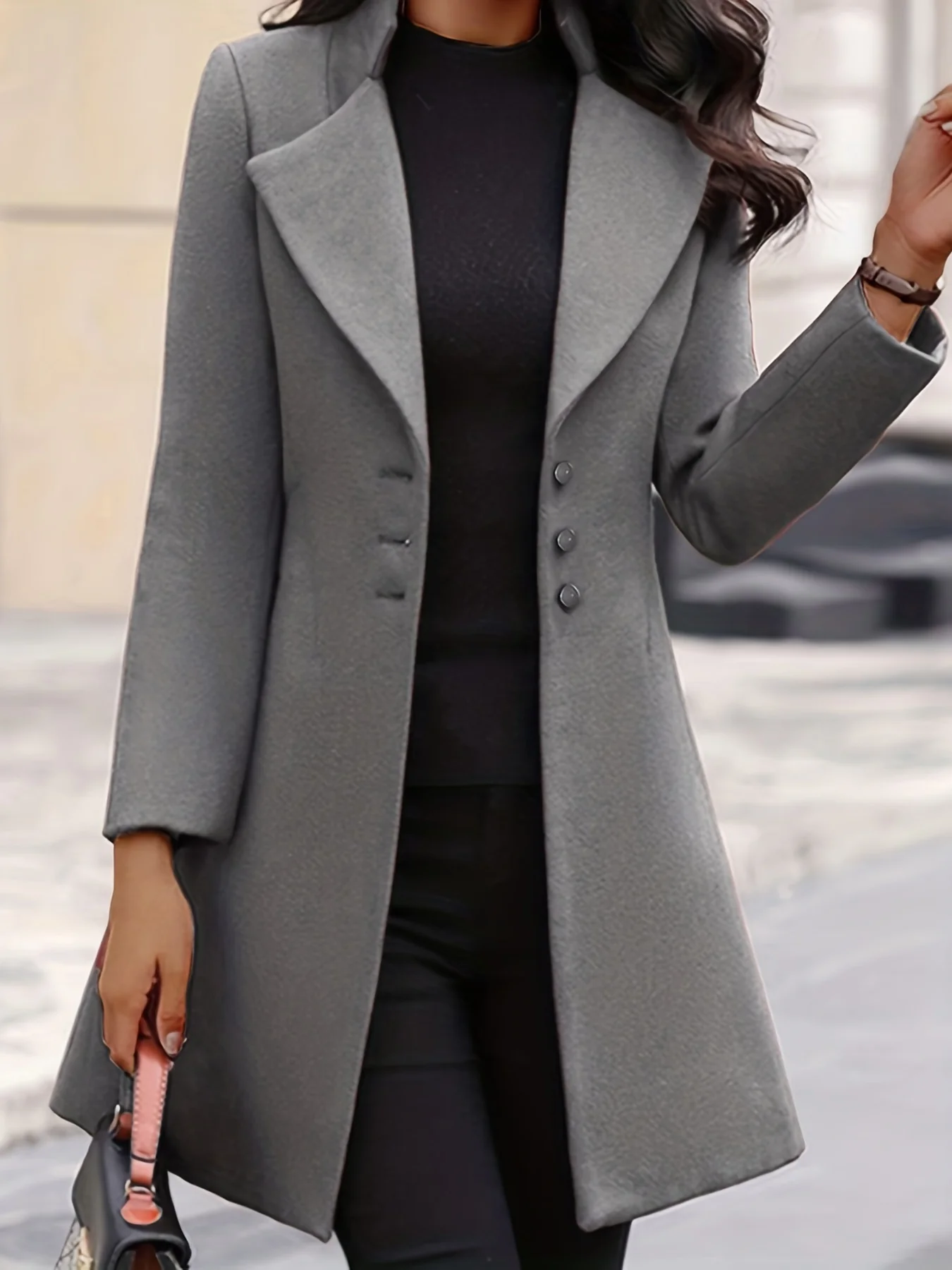 deanwangkt Button Front Lapel Coat, Elegant Long Sleeve Solid Outerwear, Women's Clothing - Deanwangkt