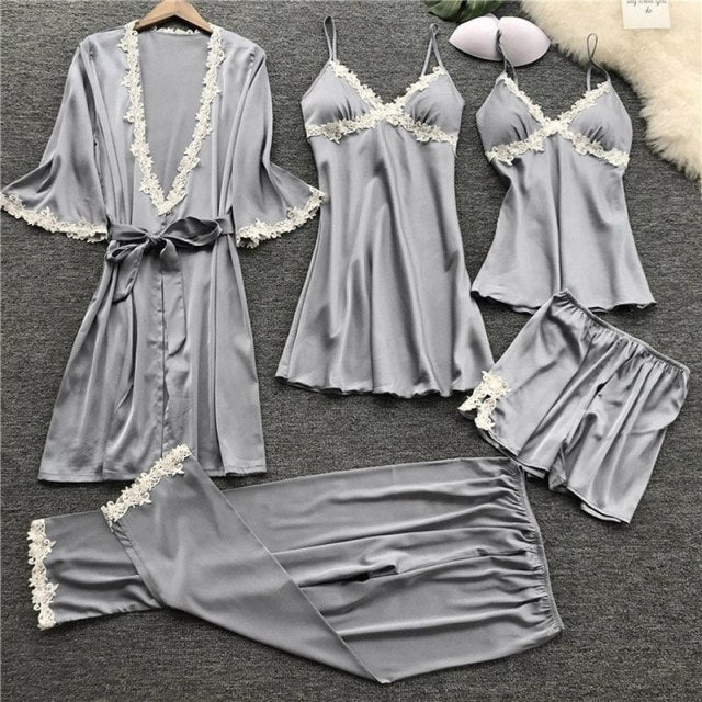 deanwangkt 4 Pieces  Women Pajamas Sets Satin Sleepwear Silk Nightwear Pyjama Soild Strap Lace Sleep Lounge Pijama With Chest Pads - Deanwangkt